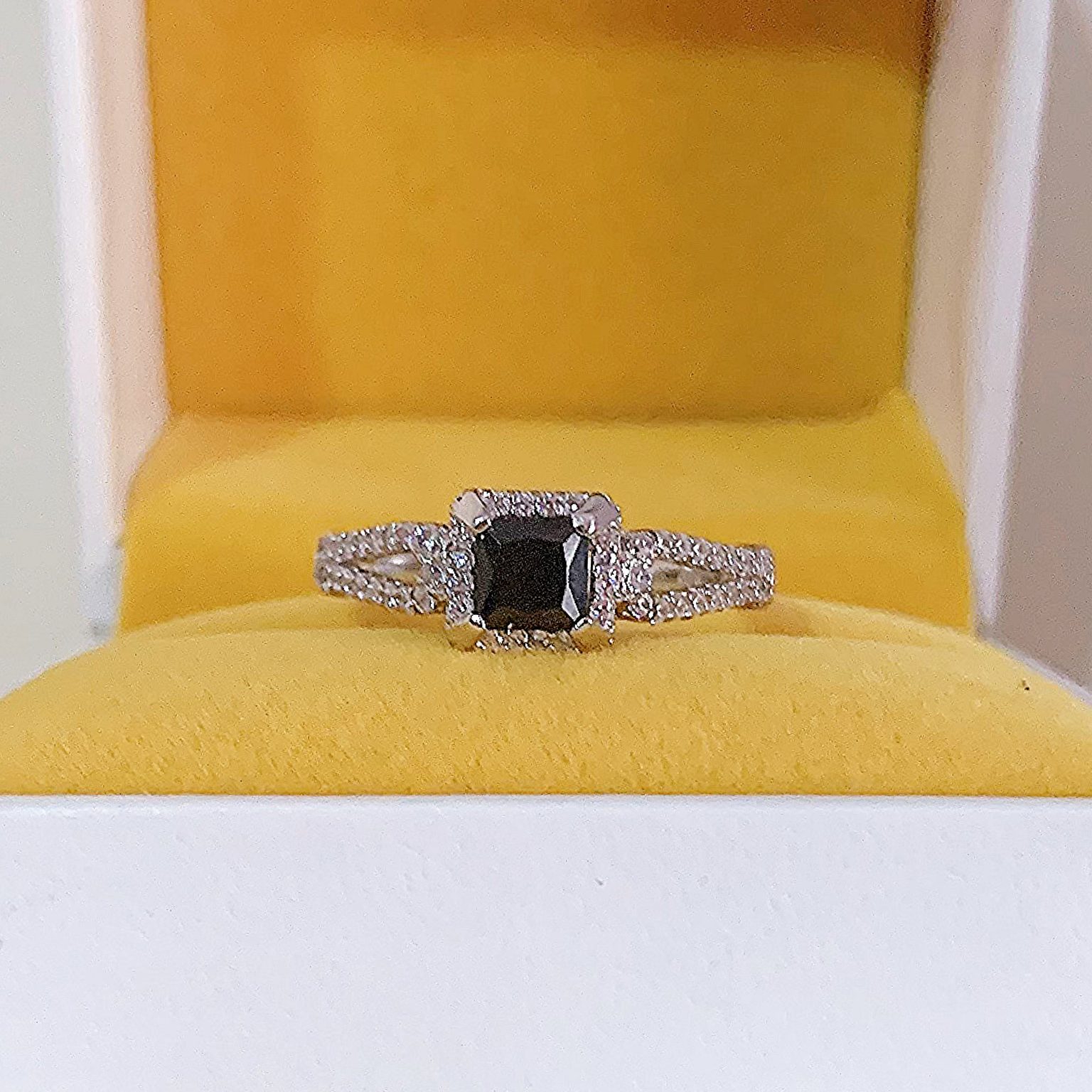 Black Cushion Cut Engagement Ring Velvet Sparkles